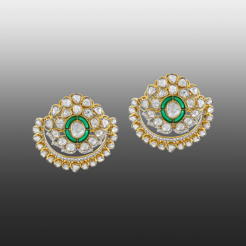 Polki Floral Earrings with Green Talaf Center and Diamonds